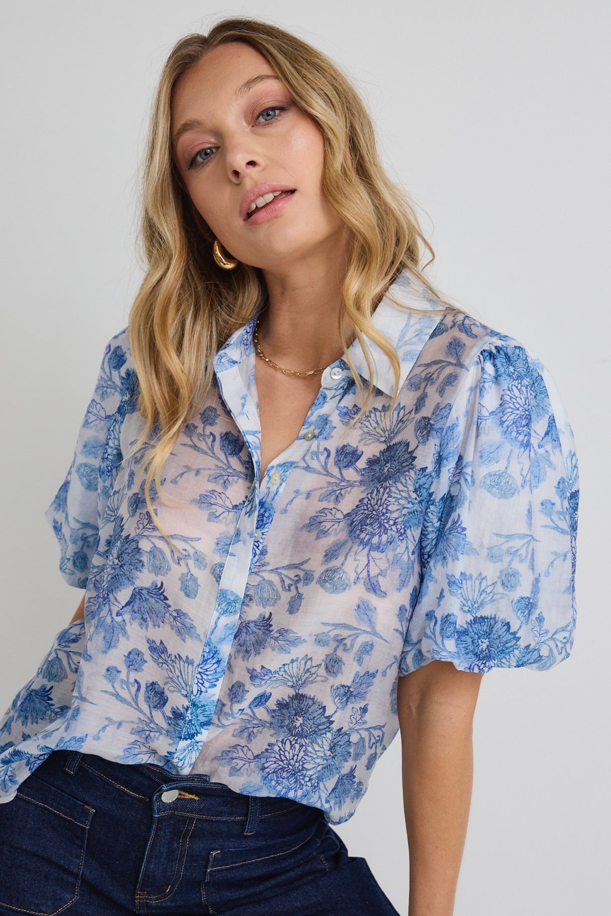 Harmony Blue Floral Print Bubble Sleeve Blouse - Women's Elegant Boho Top for Casual Wear, Date Night & Summer Outfits