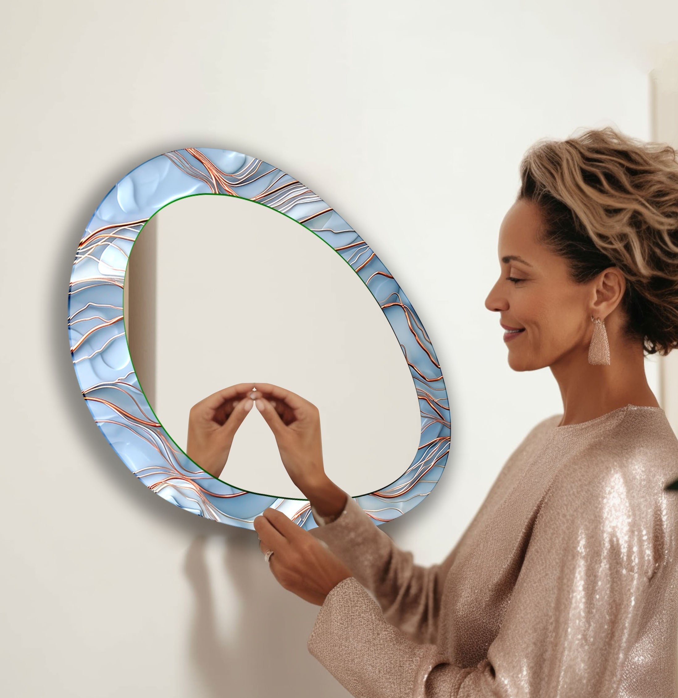 Blue and Copper Oval Modern Wall Mirror - Elegant Home Decor for Living Room, Bedroom & Entryway - Perfect for Adding Style and Depth to Any Space