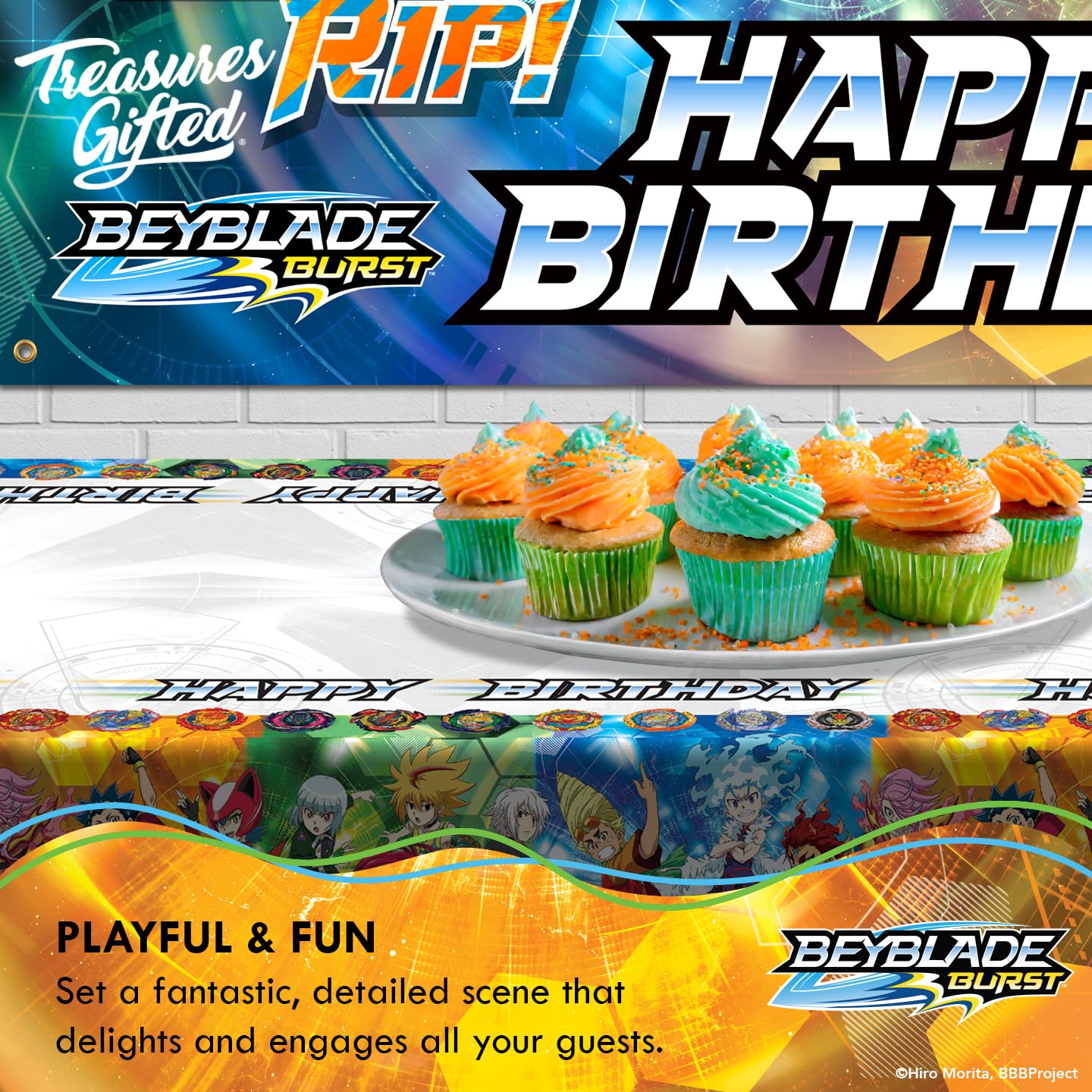 Beyblade Burst Party Tablecloth Pack of 2 - 54x108 Inch Official Licensed Table Cover - Beyblade Birthday Decorations, Stadium Battle Theme Party Supplies for Kids & Anime Fans