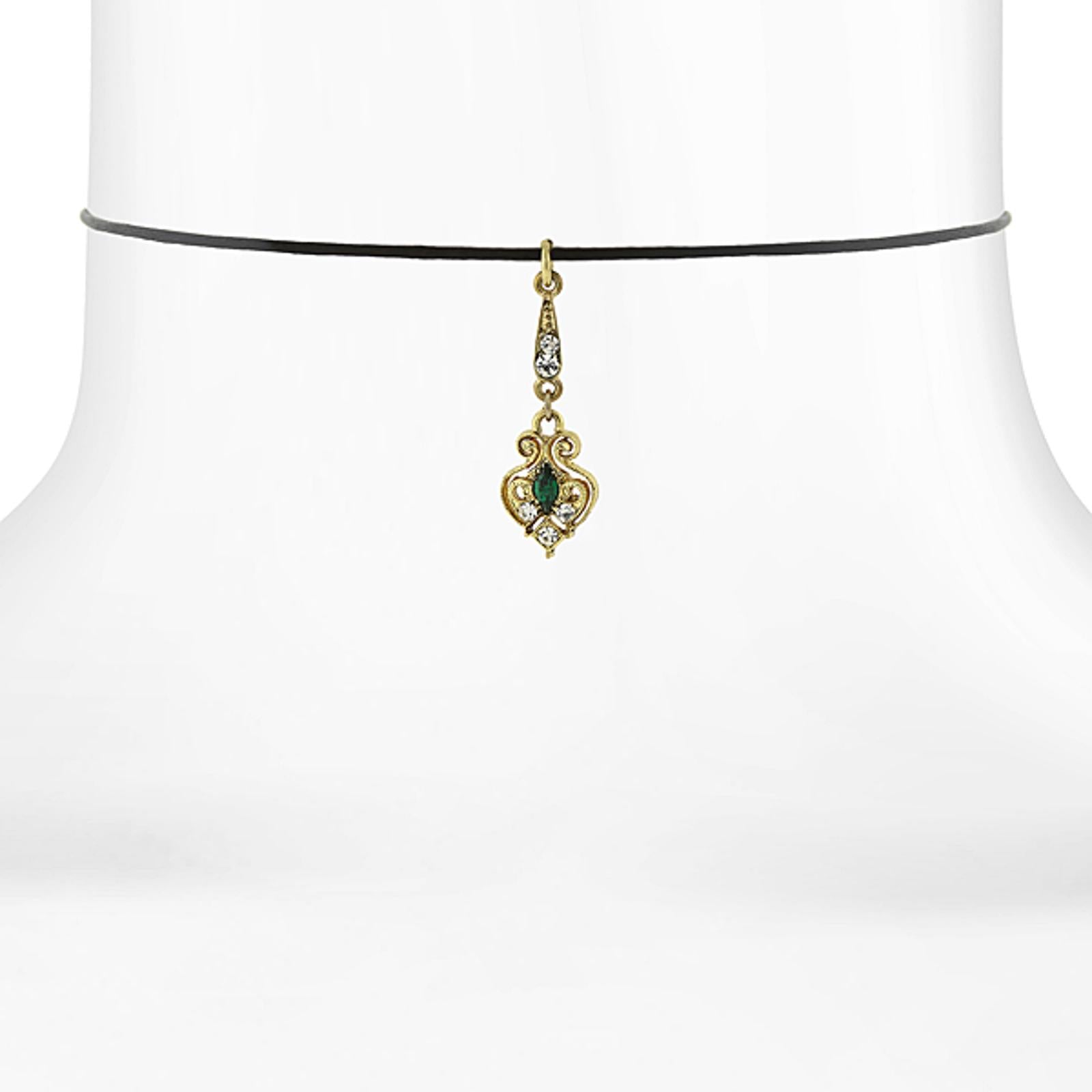 1928 Jewelry Black Choker Necklace with Green Crystal Accent Drop - 14