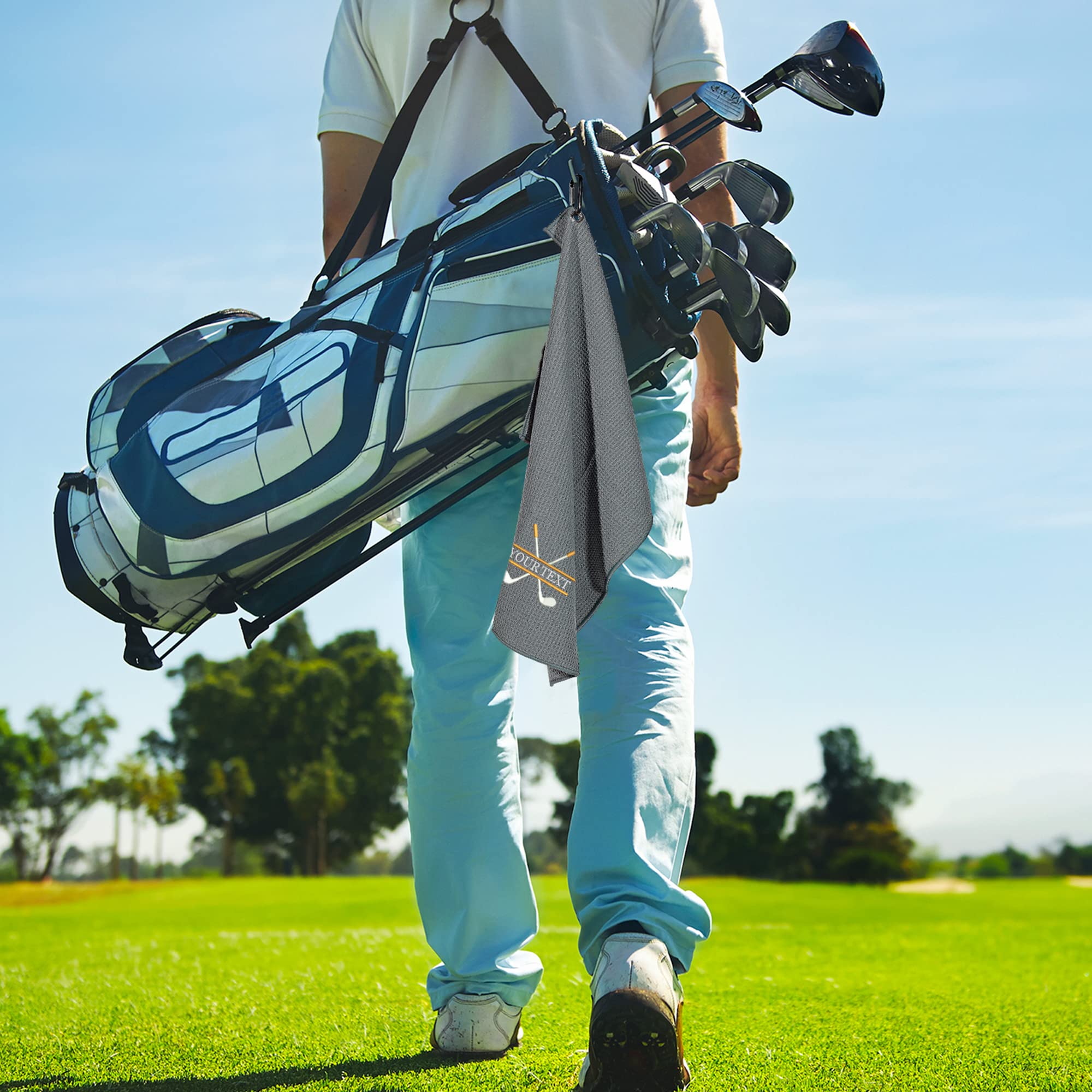 Custom Embroidered Golf Towel with Clip - Personalized Golf Gifts for Men - Premium Golf Accessories for Golf Bags (Grey) - Perfect for Golf Tournaments, Practice Sessions & Club Events