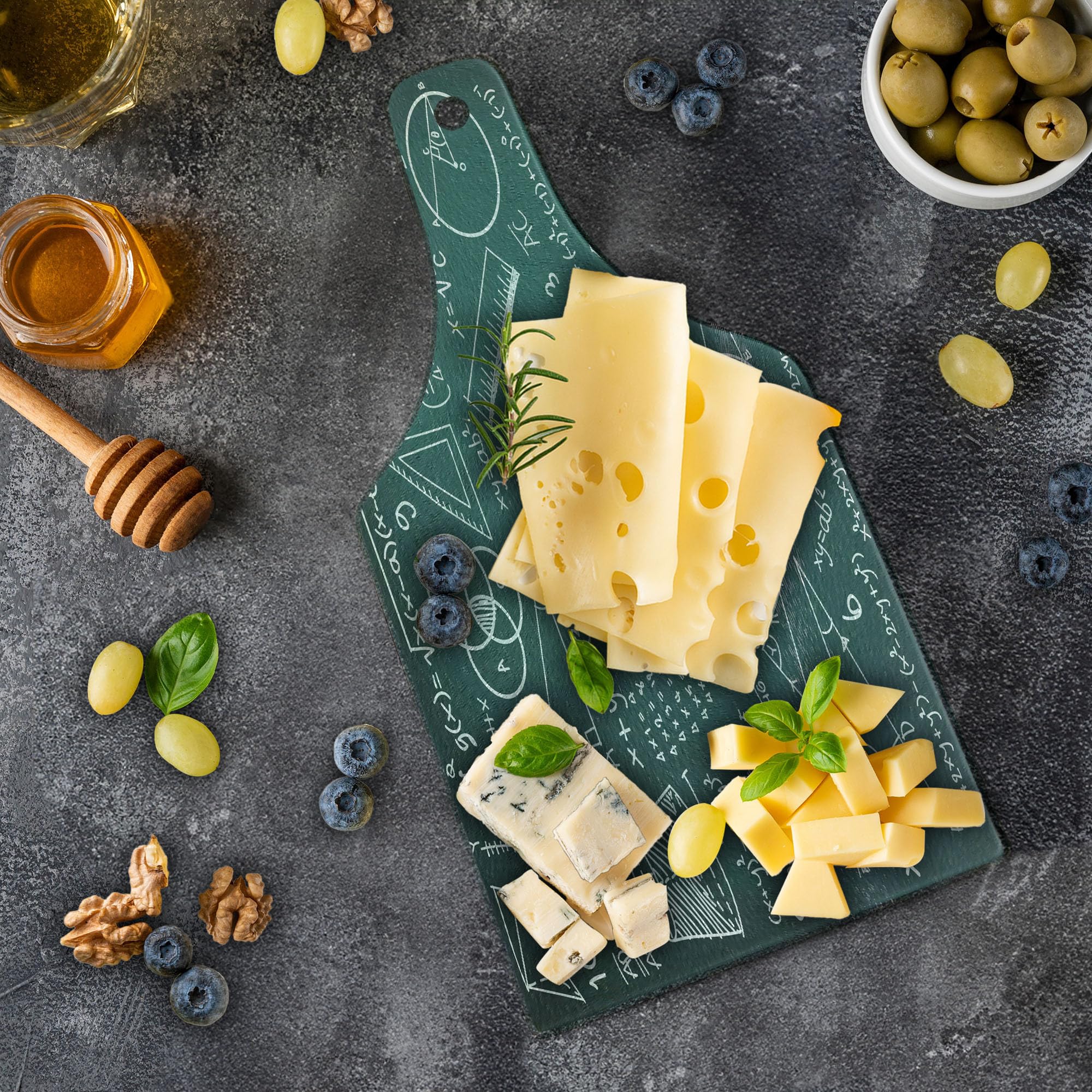 Lunarable Math-Themed Tempered Glass Cutting Board - Geometric Shapes, Formulas & Theory Designs - Decorative Serving Board for Kitchen & Dining - Perfect for Wine Bottles, Gifts & Math Enthusiasts - Teal & White