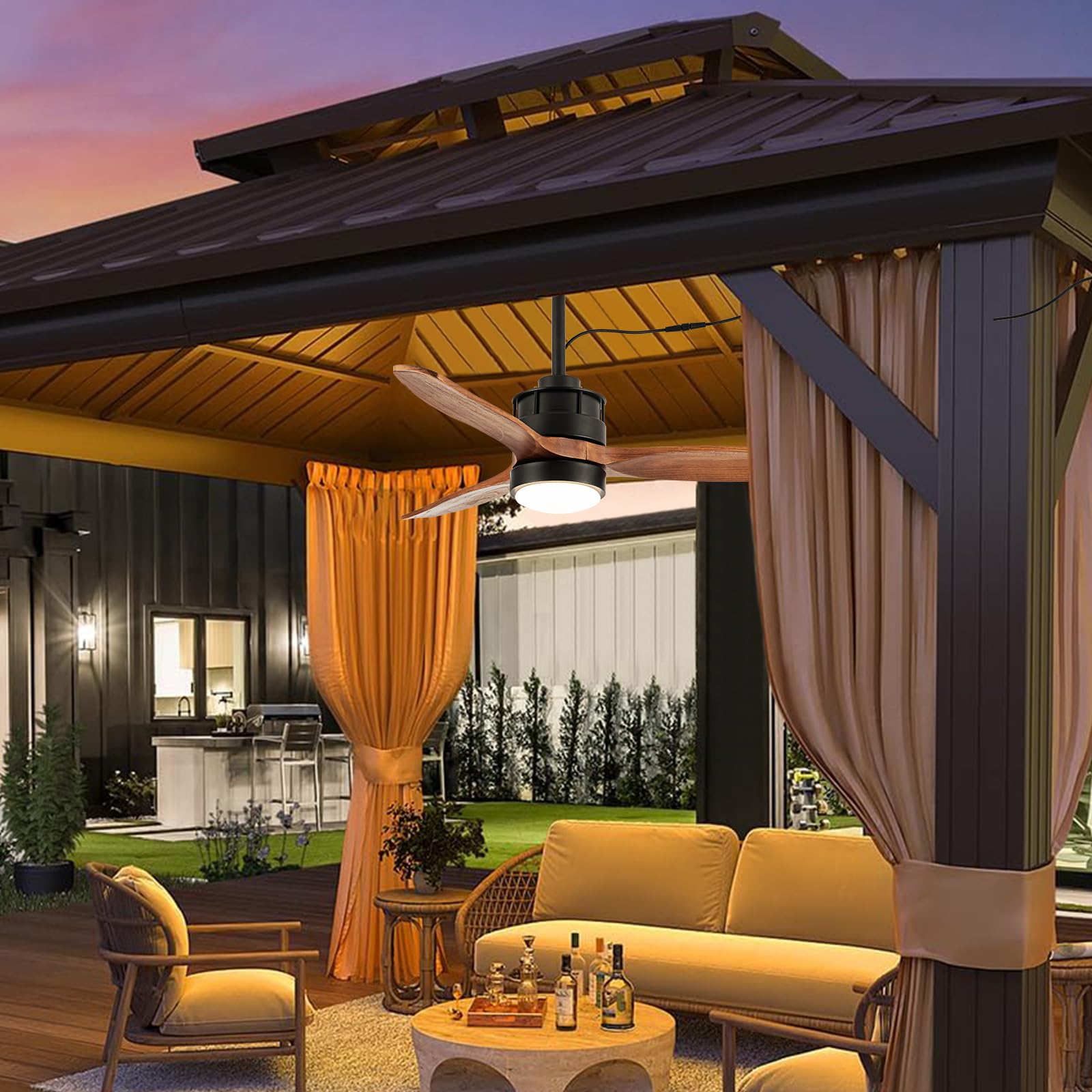 32 Inch Outdoor Ceiling Fan with Light - Waterproof Wet Rated for Gazebo, Patio, Deck - DC Motor & 3 Reversible Walnut Wood Blades - Perfect for Covered Porches, Sunrooms & Pool Areas