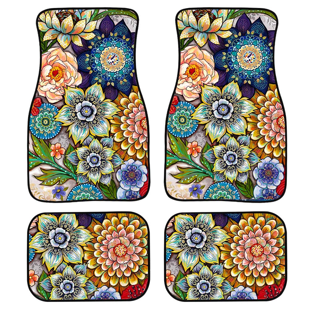 Boho Floral Car Floor Mats 4-Piece Set - Universal Fit for Cars, SUVs, Vans & Trucks - Non-Slip Rubber Backing - Front & Rear Liners - Perfect for Road Trips, Daily Commutes & Family Travel