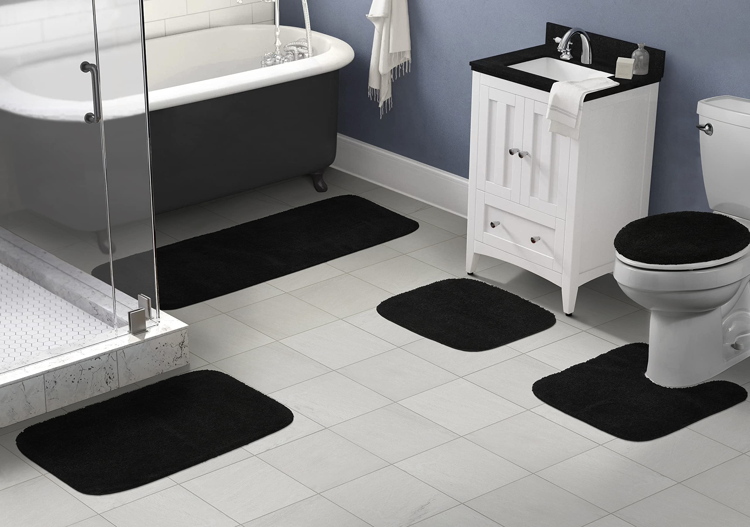 Garland Rug Traditional Nylon Washable Black 5-Piece Bathroom Rug Set - Soft, Absorbent & Stylish Non-Slip Mats for Bath, Shower & Vanity Areas