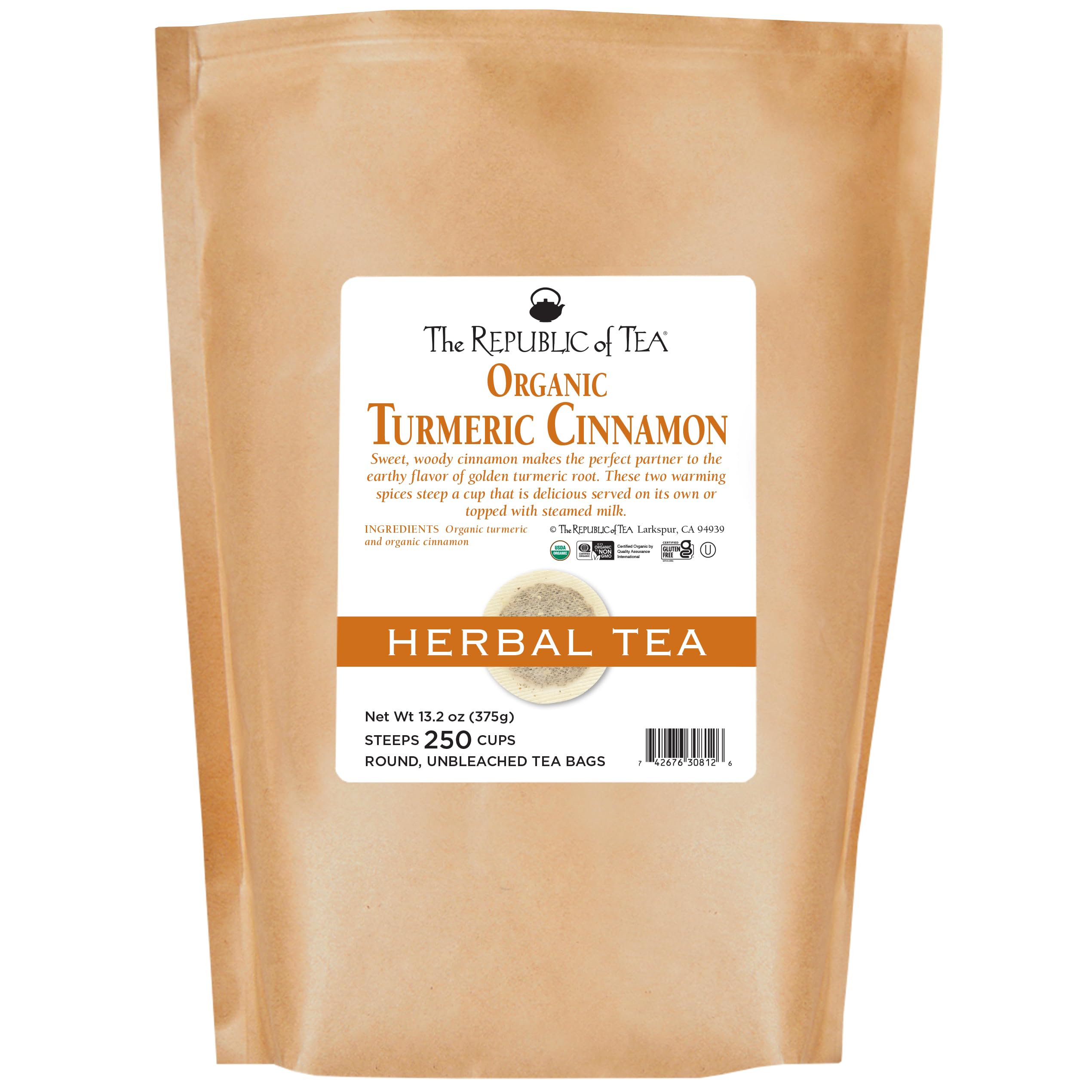 Organic Turmeric Cinnamon Herbal Tea Bags - 100% Biodynamic Blend, 250 Count | Republic of Tea | Immune Support & Relaxation | Perfect for Morning Boost or Evening Wind-Down