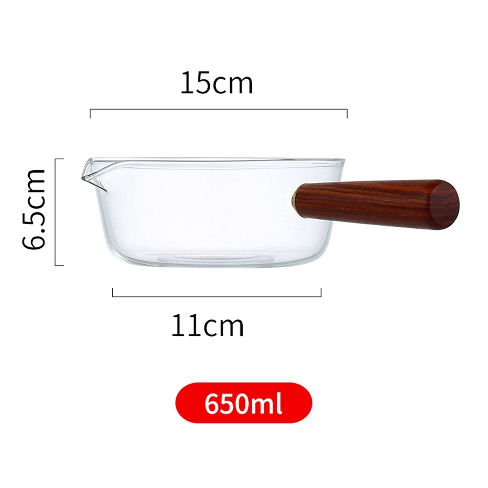 Borosilicate Glass Milk Pot with Wooden Handle - Stovetop Safe Transparent Cookware for Hot Milk, Noodles, Fruit Salad - 15x11x6.5cm Clear Kitchen Pot for Coffee, Tea, Soup & Meal Prep