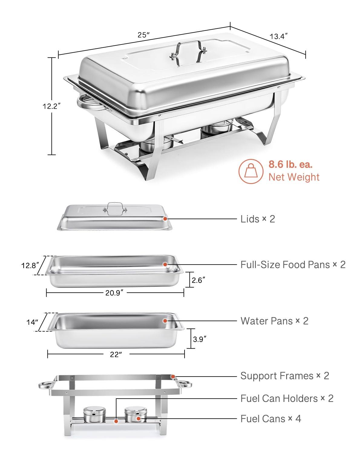 2-Piece Stainless Steel Chafing Dish Buffet Set with 4 Full-Size Food Pans & Foldable Frame - Commercial Grade Food Warmers for Catering, Parties, Banquets, Weddings, Buffets & Events - Keep Food Hot for Hours