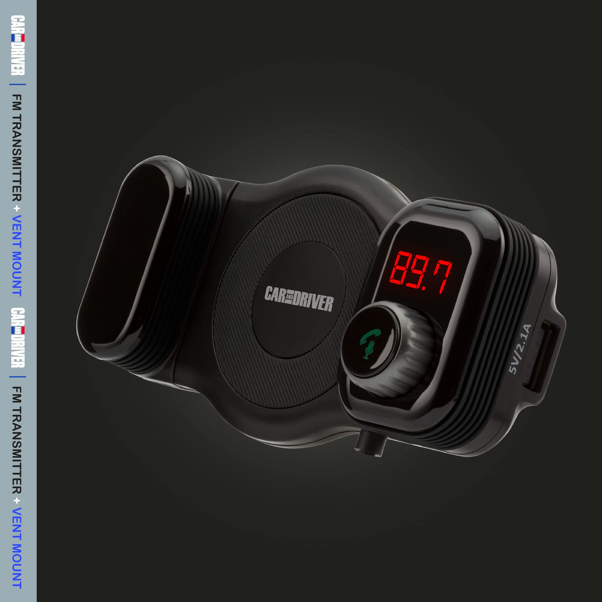 Car and Driver Bluetooth FM Transmitter with Car Vent Phone Mount | Hands-Free Calling, USB Charging, Siri Compatible, TF Card Slot, Secure Grip, Universal Fit for Streaming Audio in Car