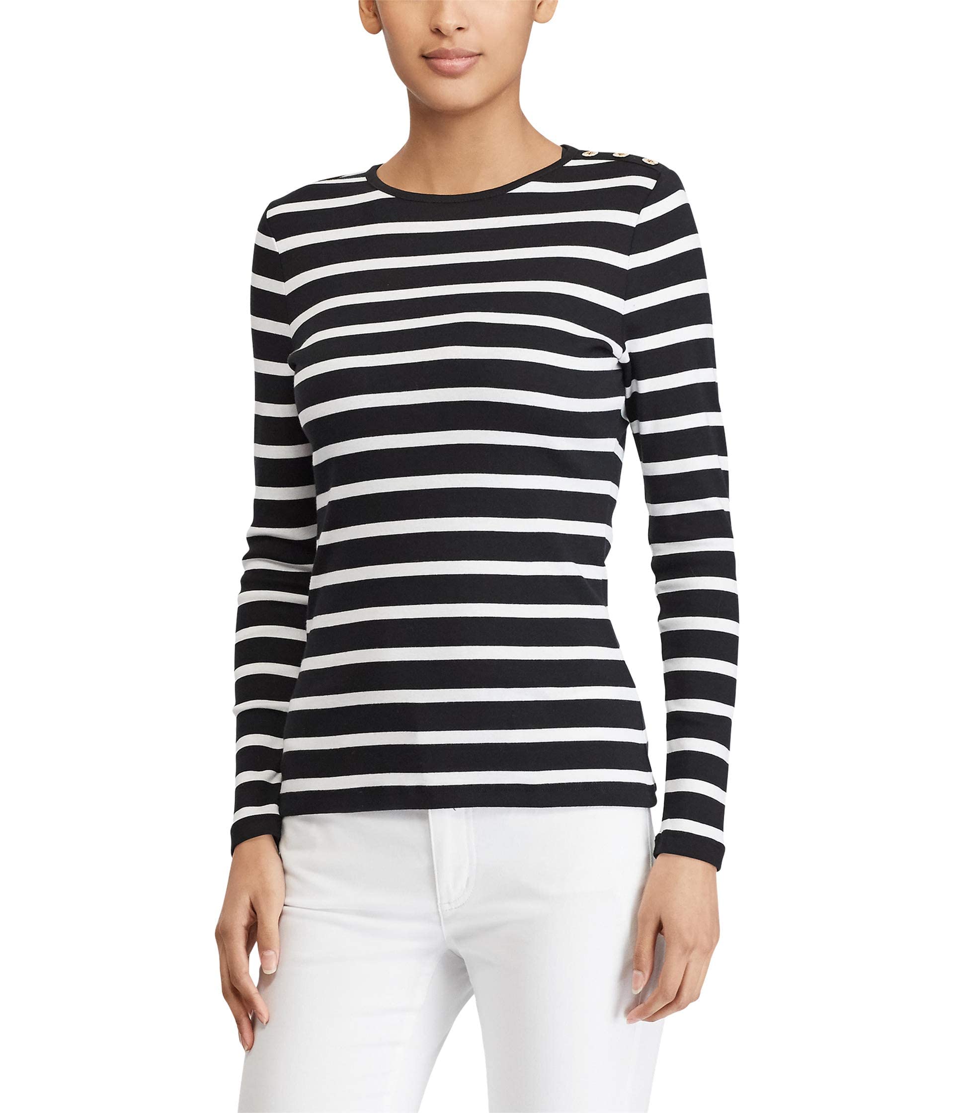 Lauren Ralph Lauren Women's Striped Button-Shoulder Top - Black & White - Size Large | Casual Office Wear & Spring Outfits