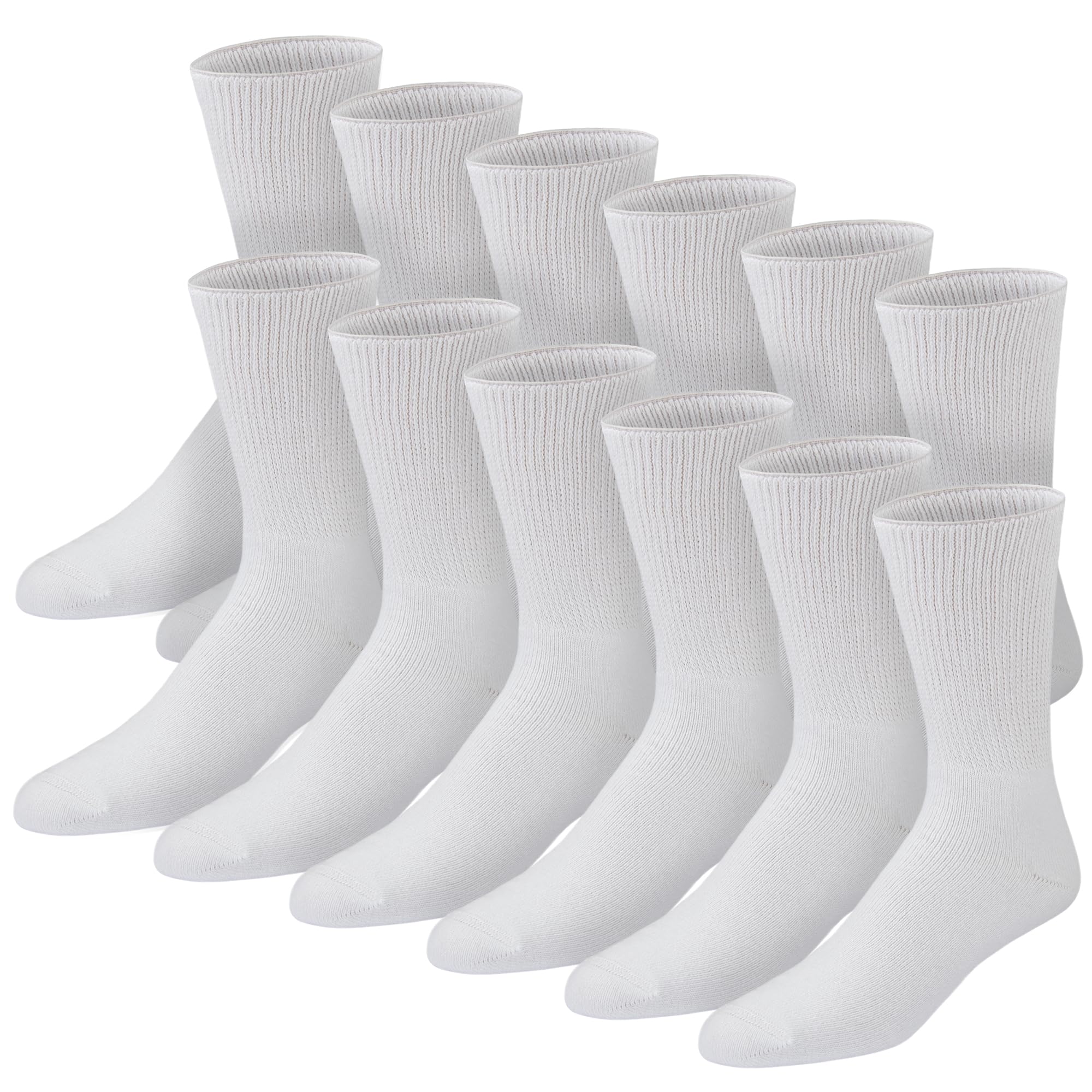 12 Pairs Premium Cotton Diabetic Socks for Men & Women - Loose Top Crew Socks for Neuropathy, Swelling & Circulation (Size 13-16, White) - Ideal for Daily Wear, Travel & Diabetic Foot Care