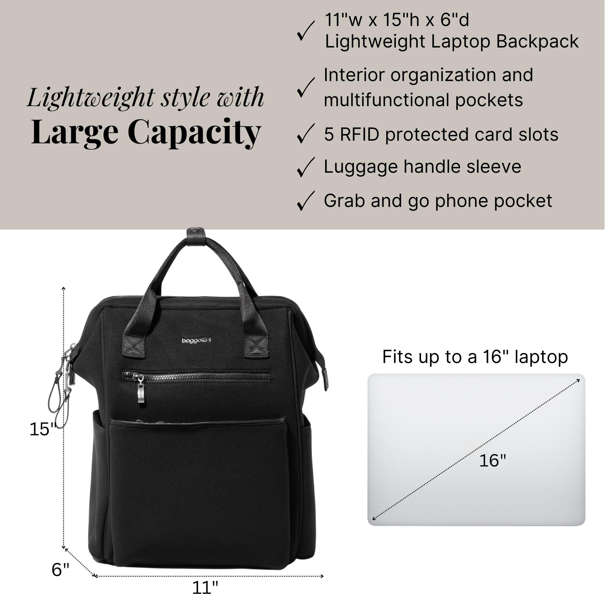 Baggallini Soho Backpack - Lightweight Water-Resistant Laptop Bag for Women Travel & Work