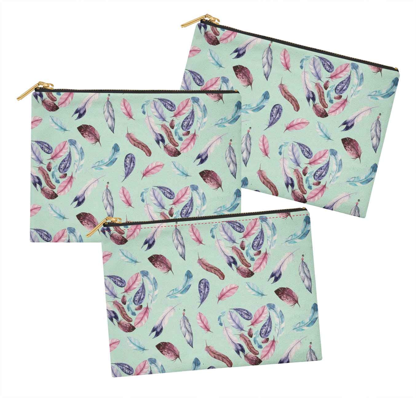 Stylish Green Artistic Feather Printed Cosmetic Bag Set of 3 - 6x8 Inch Makeup Pouch, Coin Purse & Toiletry Organizer - Perfect for Travel, Gym & Daily Essentials Storage