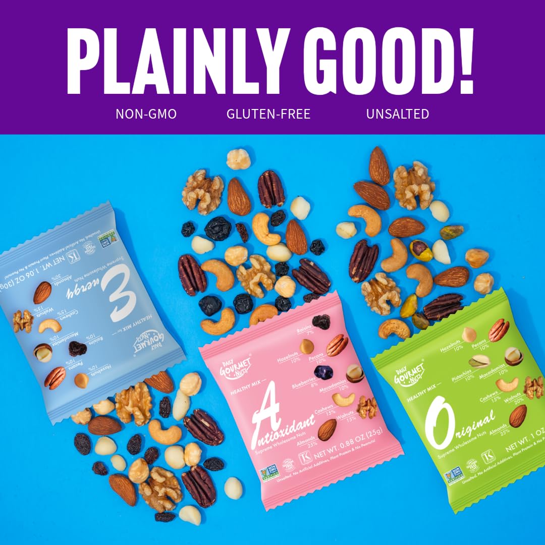 Premium Unsalted Mixed Nuts Snack Packs - Healthy No Peanuts Trail Mix, 48 Individually Wrapped Deluxe Assorted Nuts for Office, Gym & Travel Snacking - Gluten Free & Non-GMO