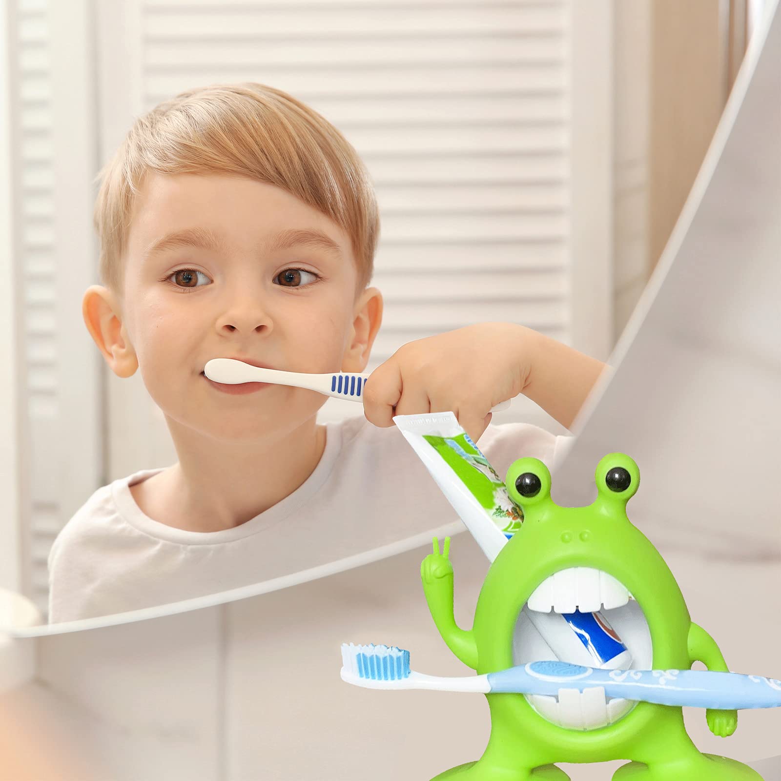 Adorable Cartoon Frog Toothbrush Holder for Kids - Toddler Bathroom Accessories with Toothpaste Cup, Green - Perfect for Boys & Girls Bathroom Decor and Organization
