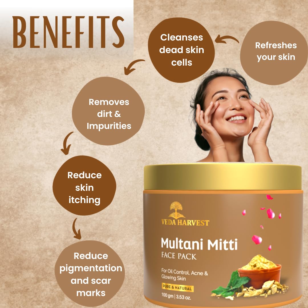 Veda Harvest Multani Mitti Clay Face Mask, 100g | Natural Acne Treatment for Men & Women | Removes Blackheads, Pigmentation | Chemical-Free Ayurvedic Skincare | Perfect for Daily Glow & Detox Routine | Home Spa & Self-Care Essential