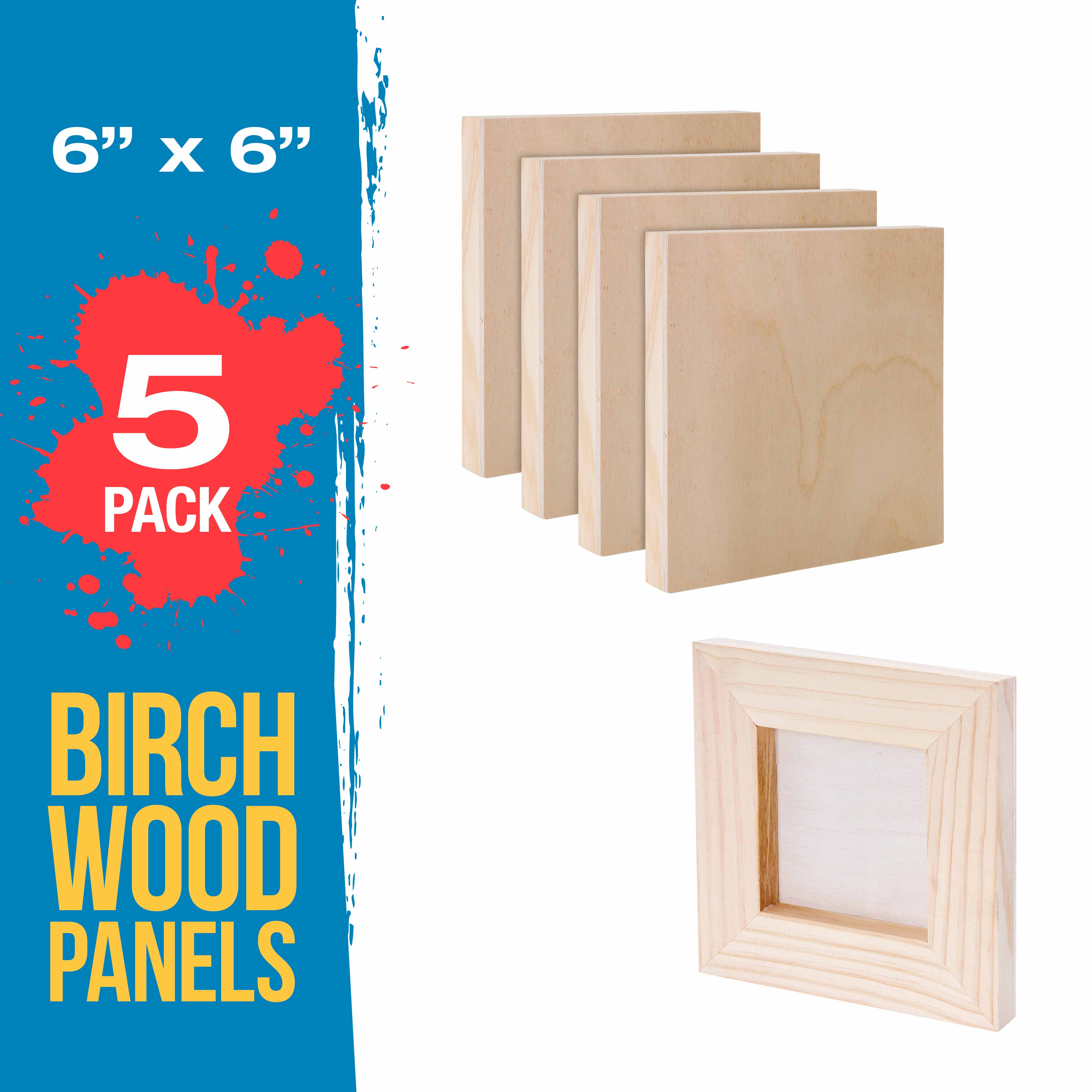 5 Pack Unfinished 6x6 Inch Cradled Wood Panels for Painting - Studio Birch Wooden Canvas Boards 3/4