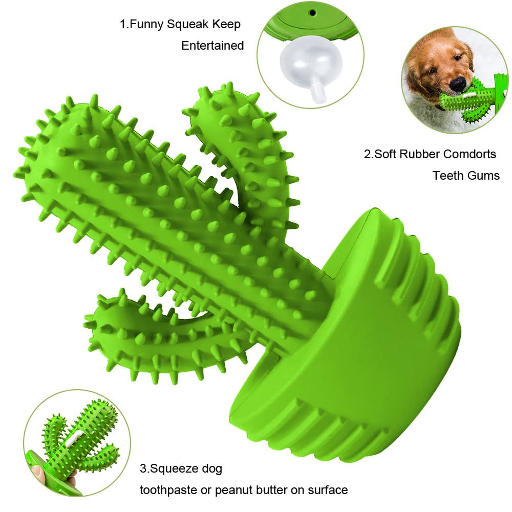 Durable Rubber Dog Chew Toys for Teeth Cleaning - Dental Chew Stick Toothbrush for Small, Medium & Large Dogs - Tough Squeaky Cactus Toy for Aggressive Chewers | Perfect for Puppy Teething, Dental Care & Playtime