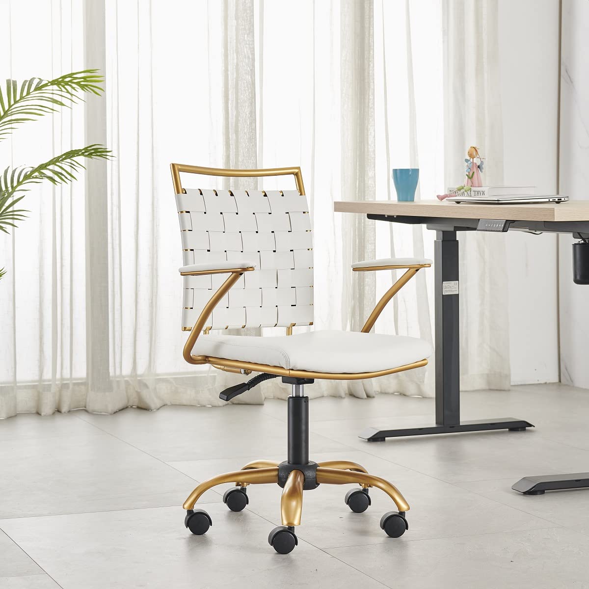 Modern White and Gold Ergonomic Office Chair - Adjustable Height, PU Leather, Armrests - Perfect for Home Office, Study & Gaming Desks (3013 Gold White)
