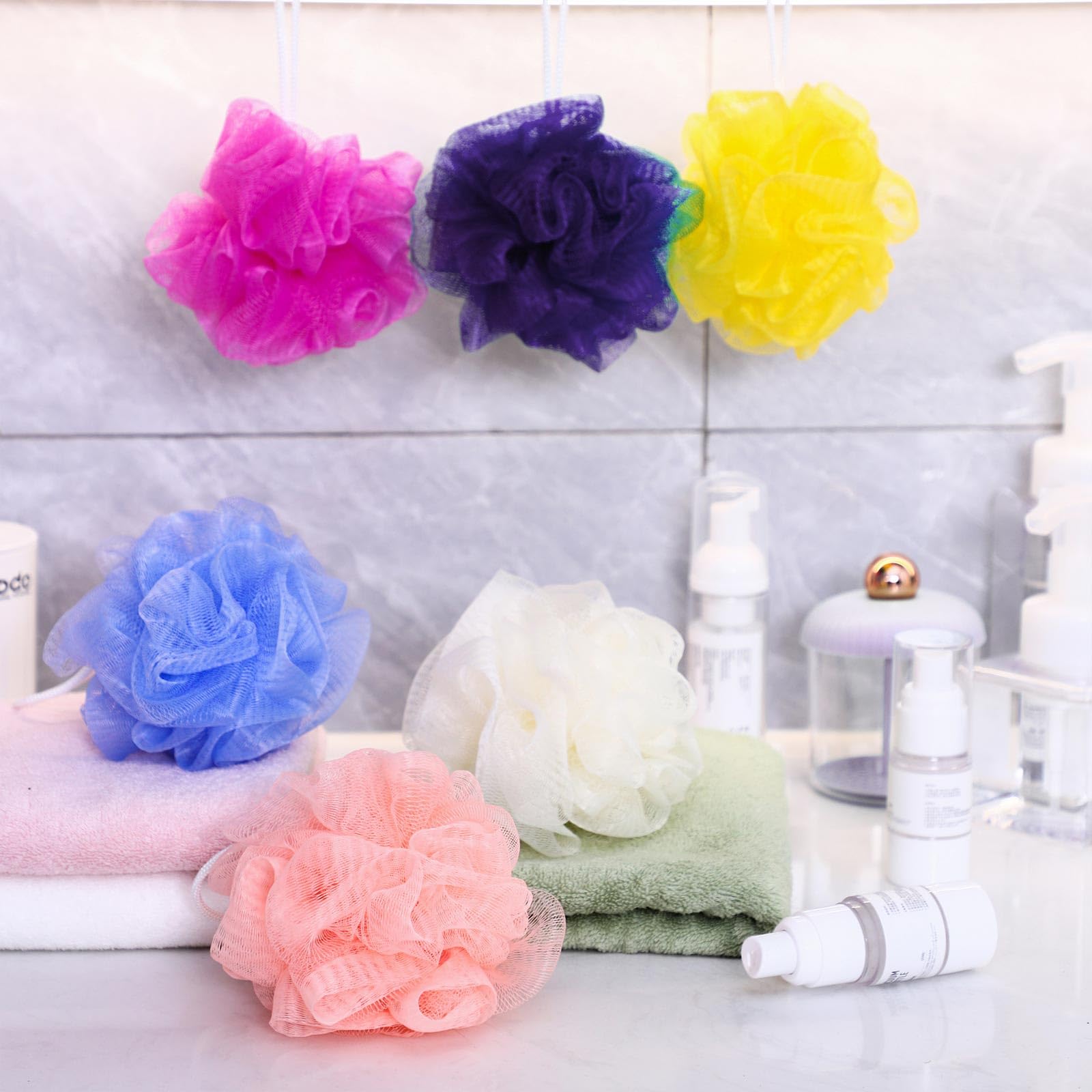 50-Piece Bulk Bath Sponges & Loofahs - Exfoliating Body Scrubber Set with 6 Colorful Mesh Balls for Shower, Travel & Spa | Gentle Skin Care for Men, Women & Kids | Perfect for Daily Cleansing, Gift Sets & Bathroom Essentials