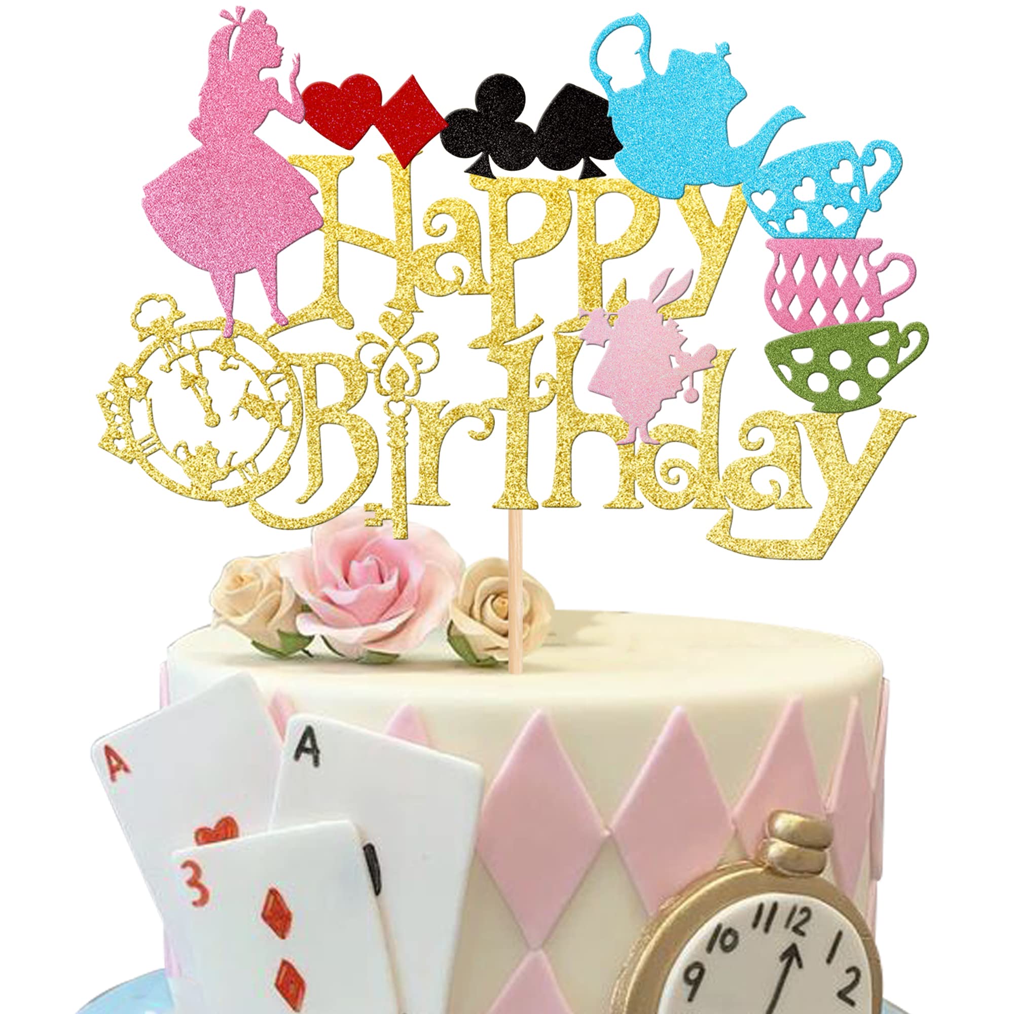1 PCS Magic Alice Birthday Cake Topper - Glitter Magical Poker Bunny Bowl Clock Fairy Cake Decor for Baby Shower, Kids Birthday Party, Tea Party & Special Events - Perfect for Unicorn, Princess, Wonderland Themed Celebrations
