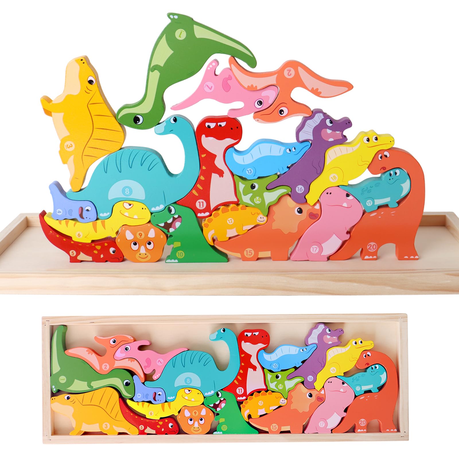 Dinosaur Wooden Stacking Blocks - Montessori Toys for Kids Ages 1-5 | Balance Competition Game & Educational STEM Learning Toy | Perfect Birthday Gift for Boys & Girls | Great for Preschool Playtime & Early Childhood Development