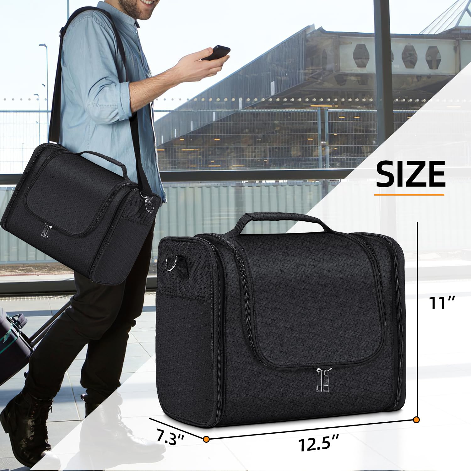 Buruis Large Hanging Toiletry Bag for Women & Men - Waterproof Travel Cosmetic Organizer with Extra Capacity for Full-Sized Toiletries - Perfect for Airplane Carry-On, Gym, Camping & Vacation Essentials (Black)