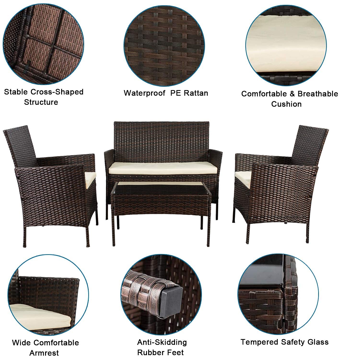 4-Piece Outdoor Patio Rattan Furniture Set with Cushions - Weather-Resistant Wicker Conversation Set for Balcony, Garden, or Indoor Use - Includes Coffee Table & Chairs for Relaxing & Entertaining