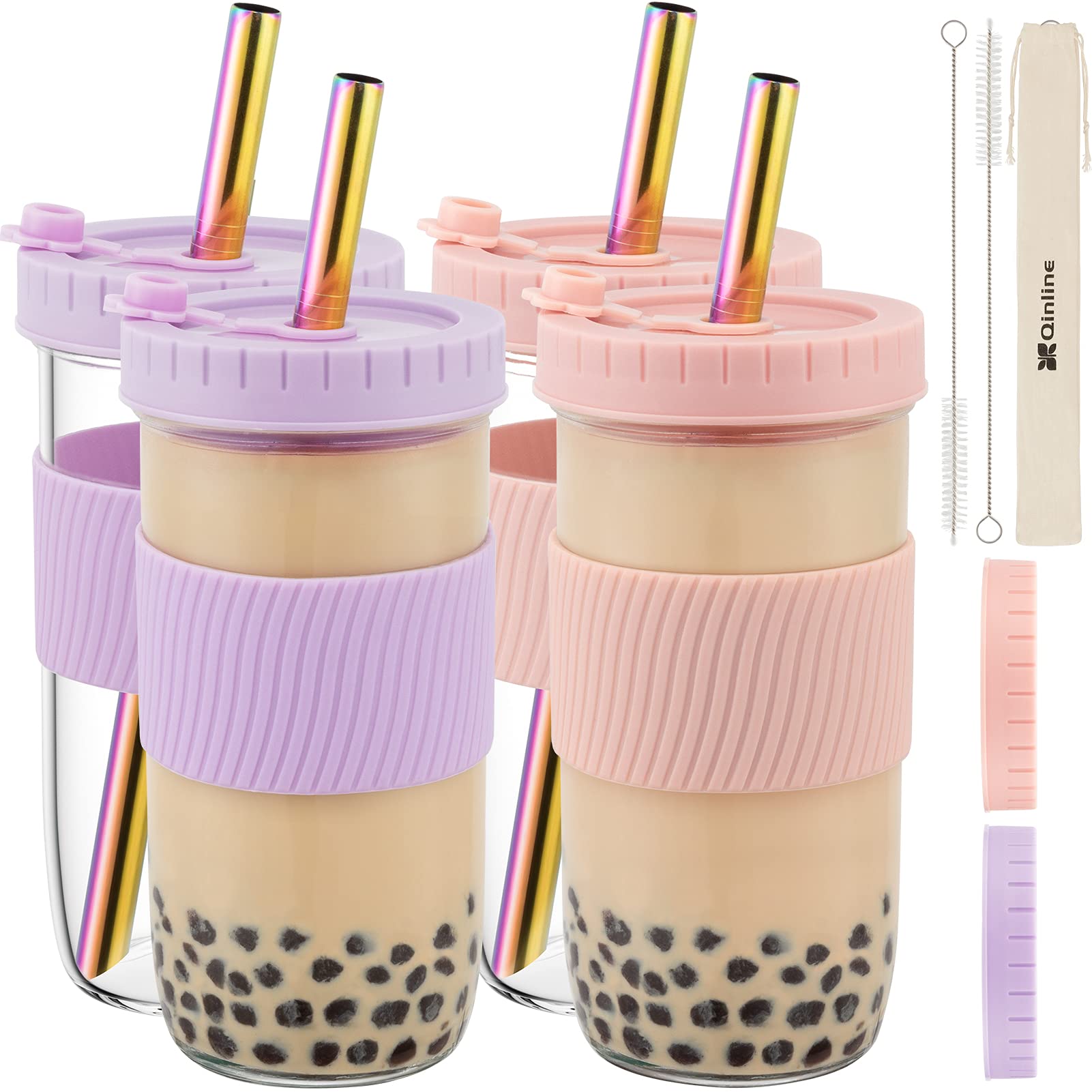 Reusable 24Oz Glass Mason Jars with Lids & Straws - 4 Pack Wide Mouth Smoothie Cups, Bubble Tea Glasses with Silicone Sleeves - Leakproof Travel Tumbler for Cold Drinks, Iced Coffee, Juice - Perfect for Home, Office, Picnics & Birthday Gifts
