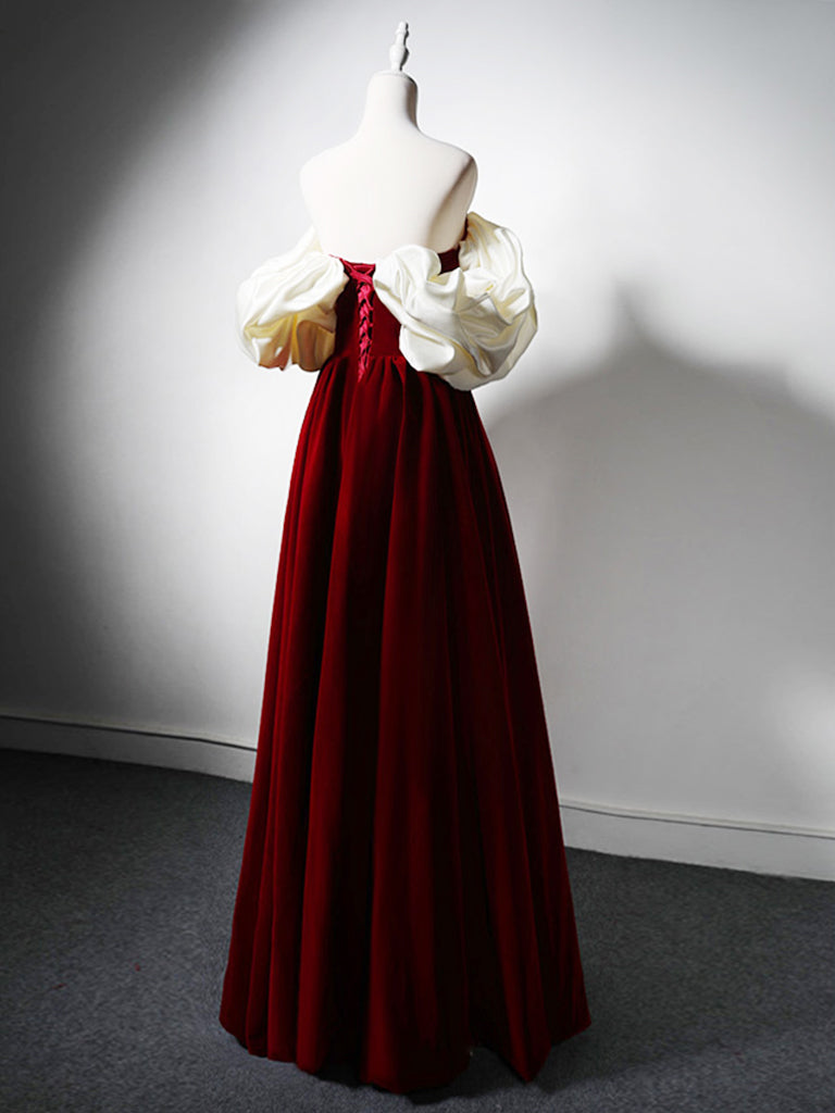 Elegant Burgundy A-Line Off Shoulder Velvet Lace Long Prom Dress for Women - Perfect for Formal Dances, Evening Galas & Special Occasions