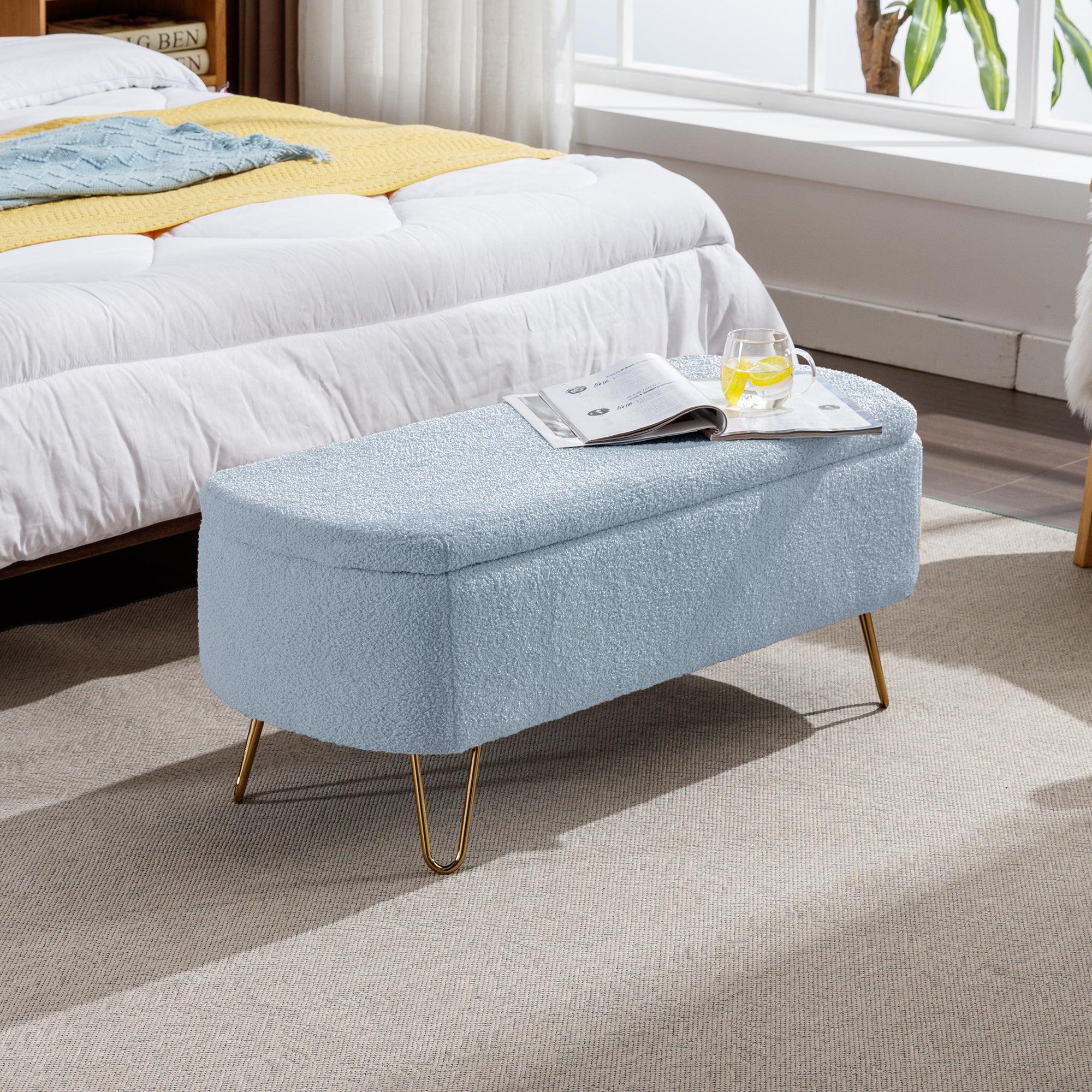 Modern Blue Storage Ottoman Bench with Gold Legs & Grey Faux Fur Upholstery - Padded Seat with Hidden Storage for Bedroom, Living Room & Entryway | Perfect for Extra Seating, Footrest & Home Organization