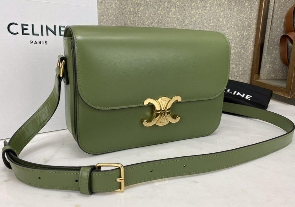 Celine Medium Triomphe Bag in Shiny Calfskin Light Khaki - Luxury Designer Handbag for Women, Perfect for Work, Evening Events & Everyday Use