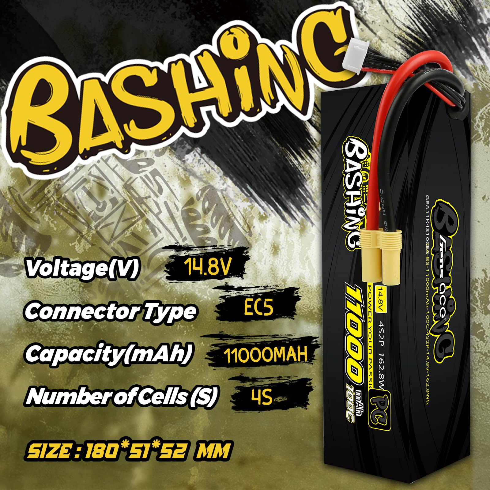 Gens ace 4S 14.8V 11000mAh 100C Lipo Battery with EC5 Plug - High Performance RC Car Battery for RC Trucks, Drones & Racing Models | Long Lasting Power for Off-Road Bashing, Crawling & Competitive Racing