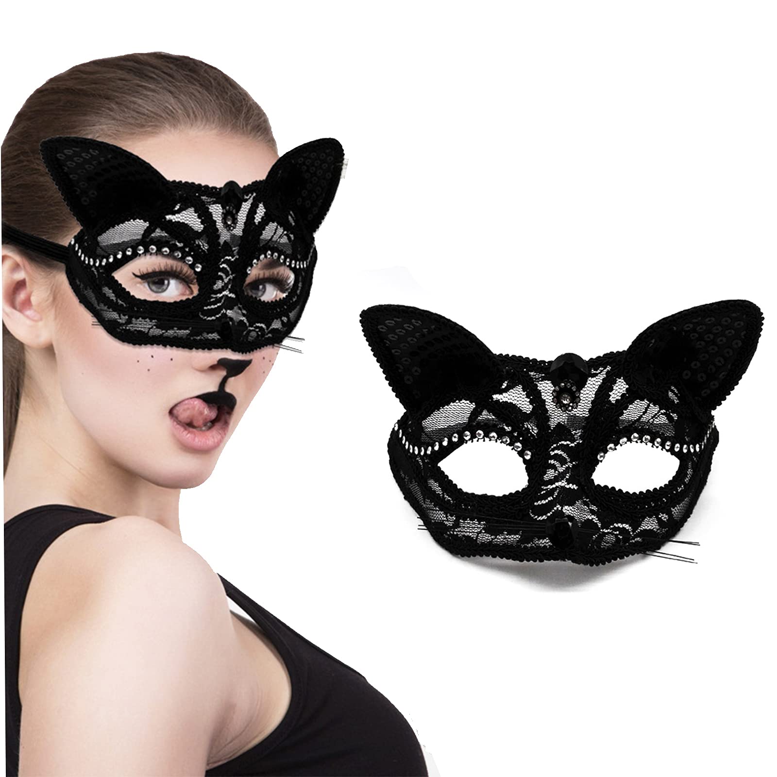 Black Cat Fox Rhinestone Lace Half Face Mask for Women - Elegant Halloween Masquerade Party Accessory, Catwoman Costume Prop for Cosplay, Mardi Gras & Gothic Events