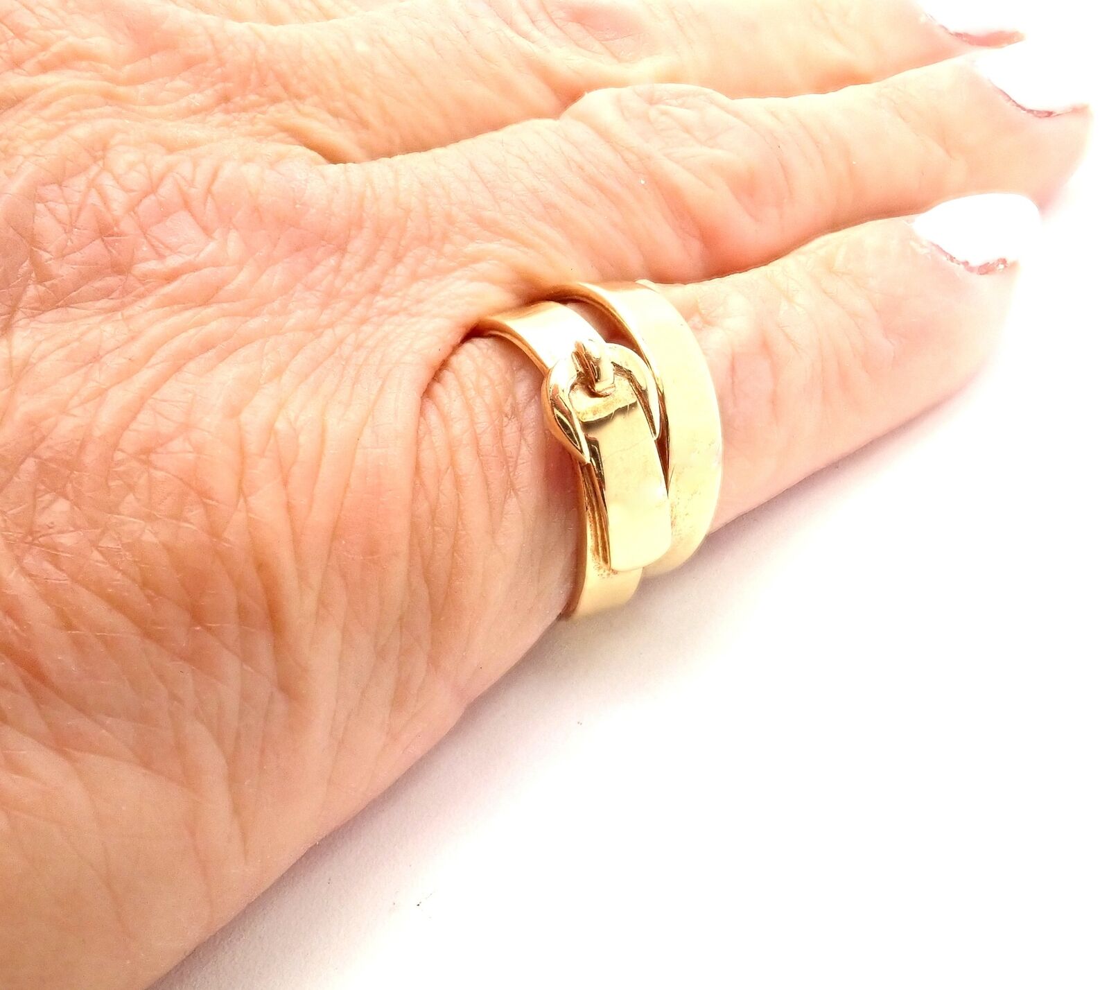 Authentic Hermes 18K Yellow Gold Buckle Double Row Band Ring for Women - Luxury Fashion Jewelry Gift for Birthday, Anniversary & Special Occasions