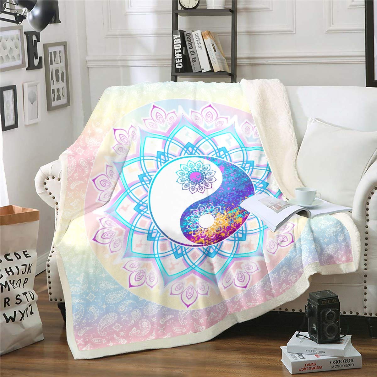 Boho Mandala Fleece Blanket 50x60 Inches - Soft Plush Throw for Kids, Girls & Women - Bohemian Paisley Floral Print - Colorful Gradient Home Decor - Perfect for Bedroom, Sofa & Outdoor Picnics