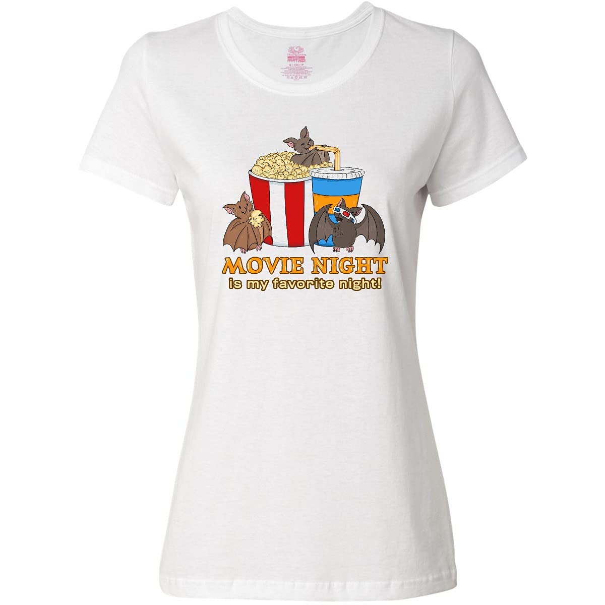 Movie Night is My Favorite Night Bats with Popcorn Women's Graphic T-Shirt - Comfortable Casual Tee for Film Lovers, Cinema Date Nights & Cozy Evenings