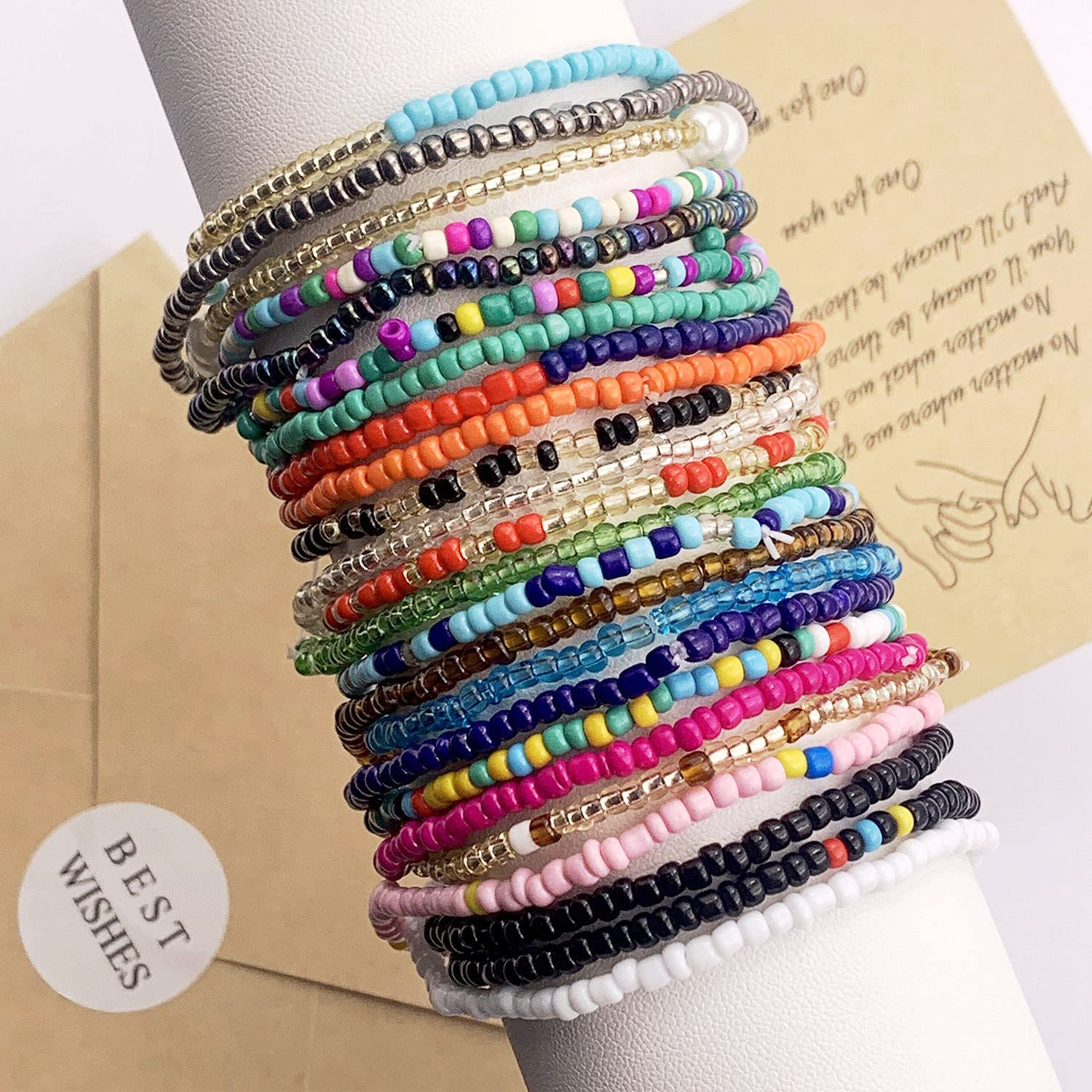 24PCS Boho Beaded Anklets for Women - Handmade Stretch Elastic Beaded Ankle Bracelets with Colorful Beads - Summer Beach Jewelry Gifts for Vacation, Festival & Boho Fashion Accessories