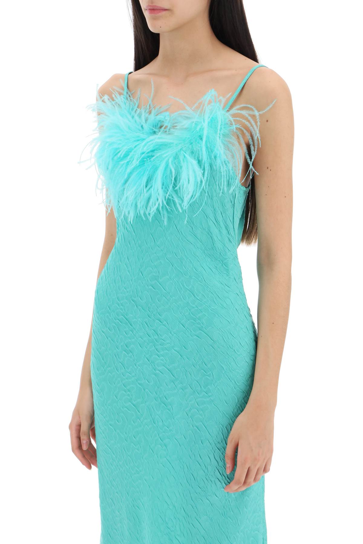 Ella Jacquard Satin Maxi Slip Dress with Feathers - Elegant Evening Gown for Parties, Weddings & Special Occasions