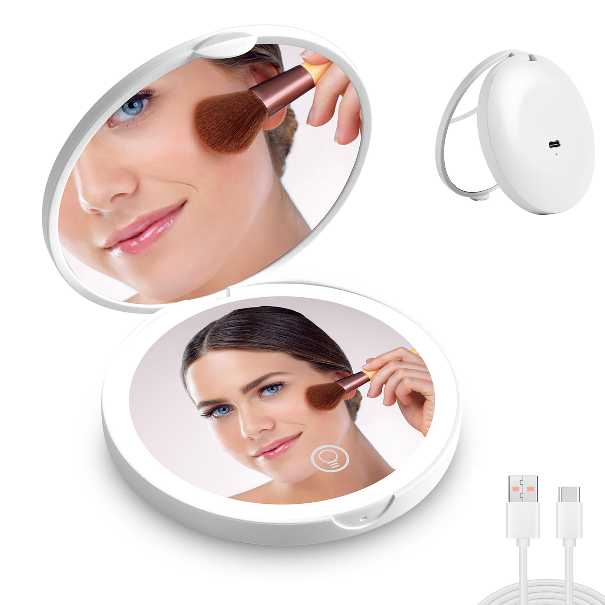 Portable LED Makeup Mirror with 1X/2X Magnification - USB Rechargeable Compact Travel Mirror for Women, White - Perfect for Home Vanity, Travel, Purse & Gifts
