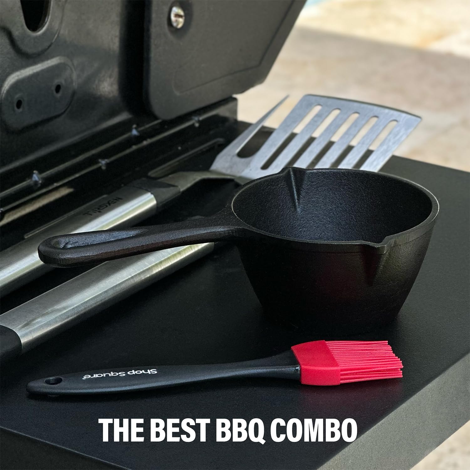 15 Oz Small Cast Iron Basting Pot with Silicone BBQ Brush – Durable Cast Iron Saucepan for Grilling, Smoking, Butter Melting – Perfect for Outdoor Cooking, Camping & Kitchen Use