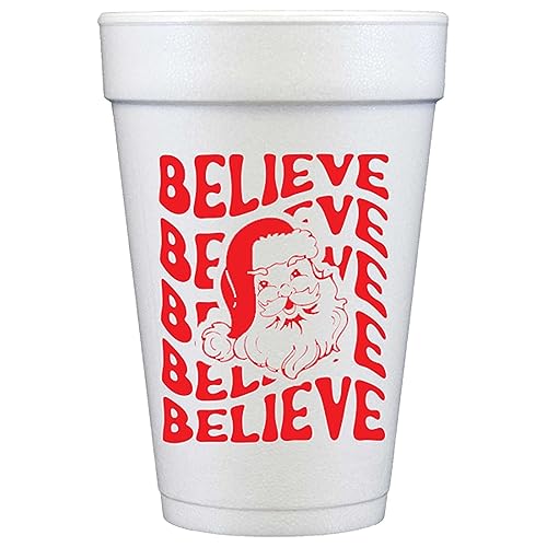 16oz Disposable Stadium Cups - 10 Pack Insulated Foam Coffee Cups for Christmas Party, Holiday Gathering (Believe Design) | Perfect for Hot & Cold Beverages at Festive Events