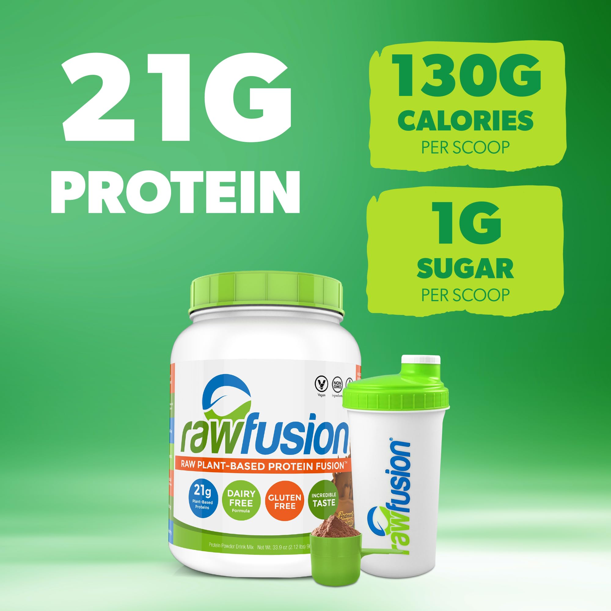 RawFusion Plant Protein Powder - Peanut Chocolate Fudge Flavor, 32.9oz (Pack of 1) | Vegan Protein Supplement for Muscle Recovery, Smoothies & Baking | Gluten-Free & Non-GMO