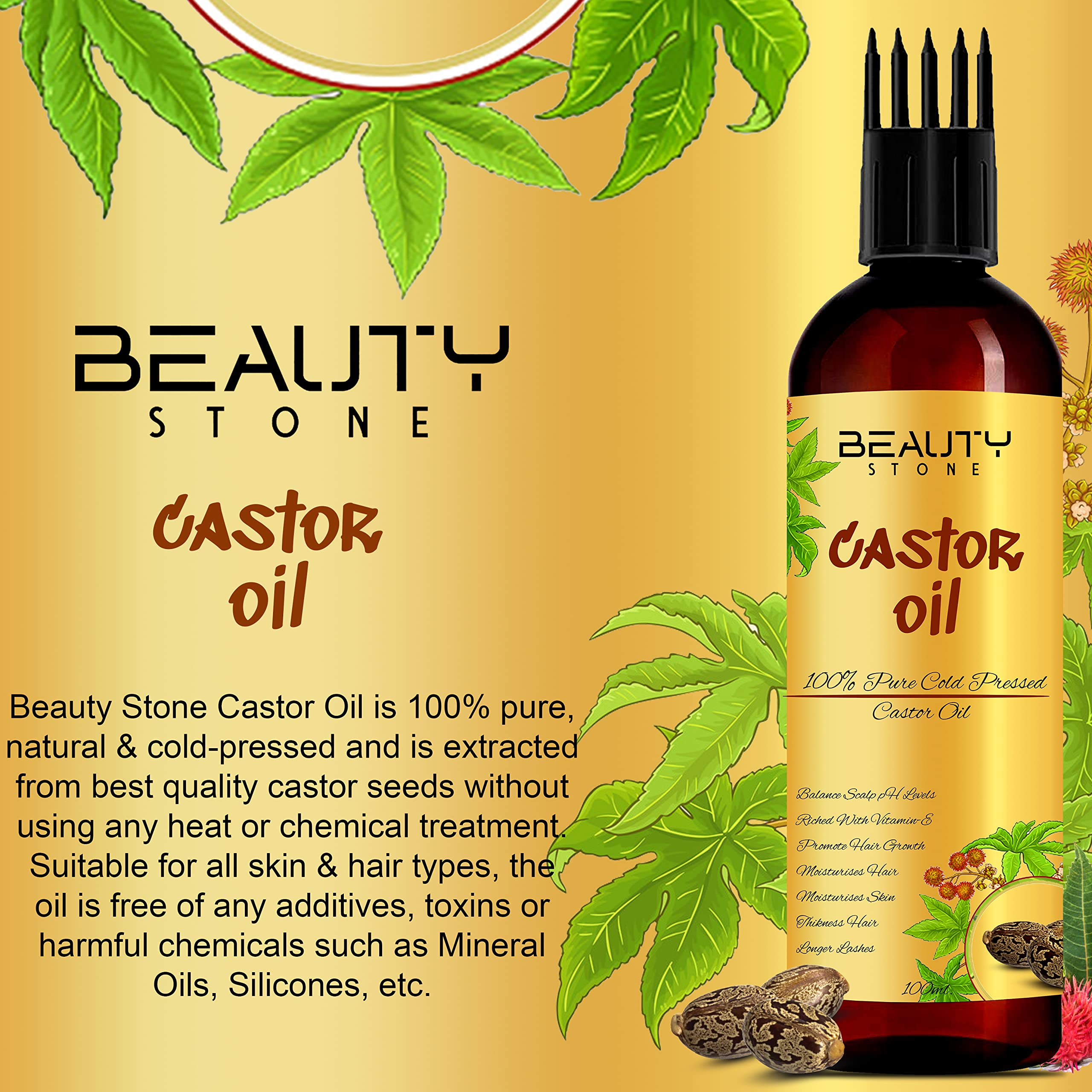 BeautyStone 100% Pure Cold Pressed Castor Oil for Hair Growth & Eyelashes - 6.76 fl oz (200ml) - Natural Moisturizer for Skin, Beard & Scalp Care - Perfect for DIY Beauty Treatments & Massage Therapy