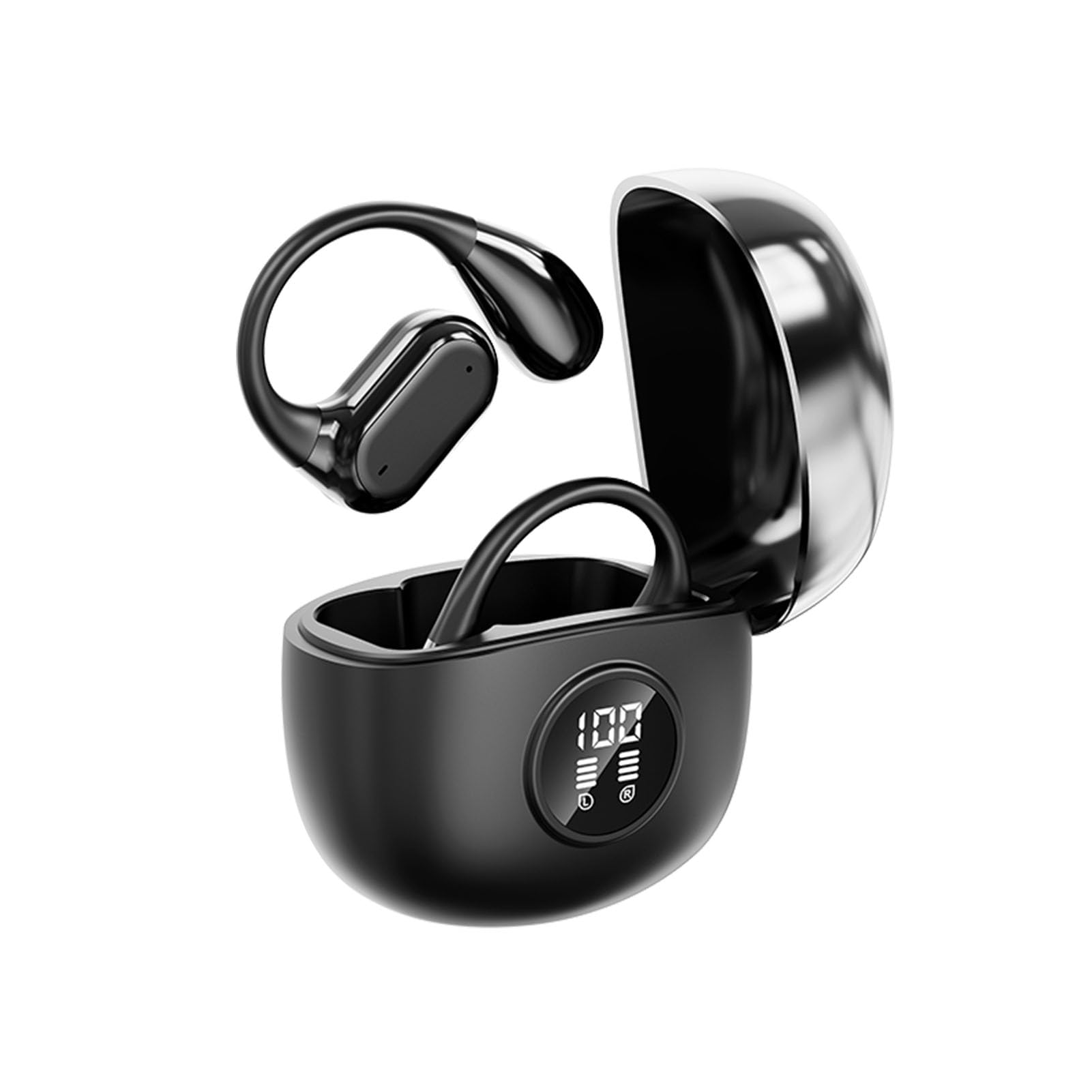 Black Wireless Open-Ear Bluetooth 5.3 Headphones with Powerful Bass - IPX5 Waterproof, Air Conduction Stereo Sound for Running, Cycling & Workout - Comfortable Ear-Hanging Design for All-Day Use