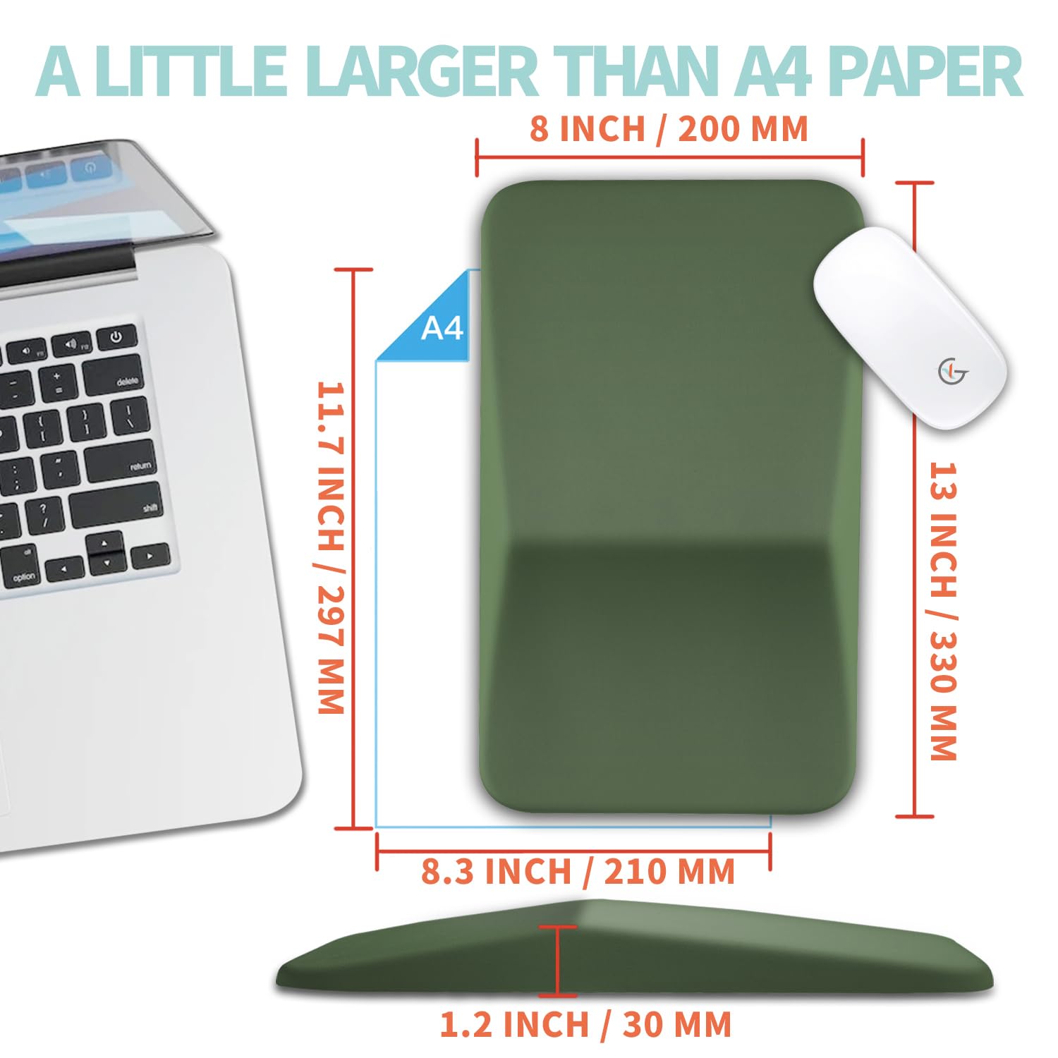 Ergonomic Mouse Pad with Wrist Support - Memory Foam Gel Cushion for Carpal Tunnel Pain Relief - Large 13x8 Inch Olive Green Wrist Rest for Computer & Wireless Mouse - Perfect for Office Work, Gaming & Long Computer Sessions