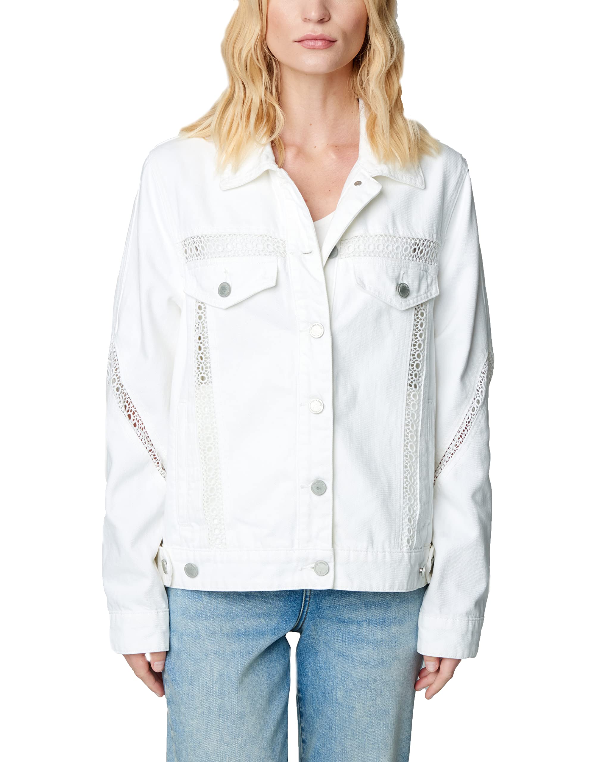 BLANKNYC Women's Oversized Denim Jacket with Crochet Trim - Comfortable & Stylish Luxury Outerwear for Casual Wear, Street Style & Spring Fashion