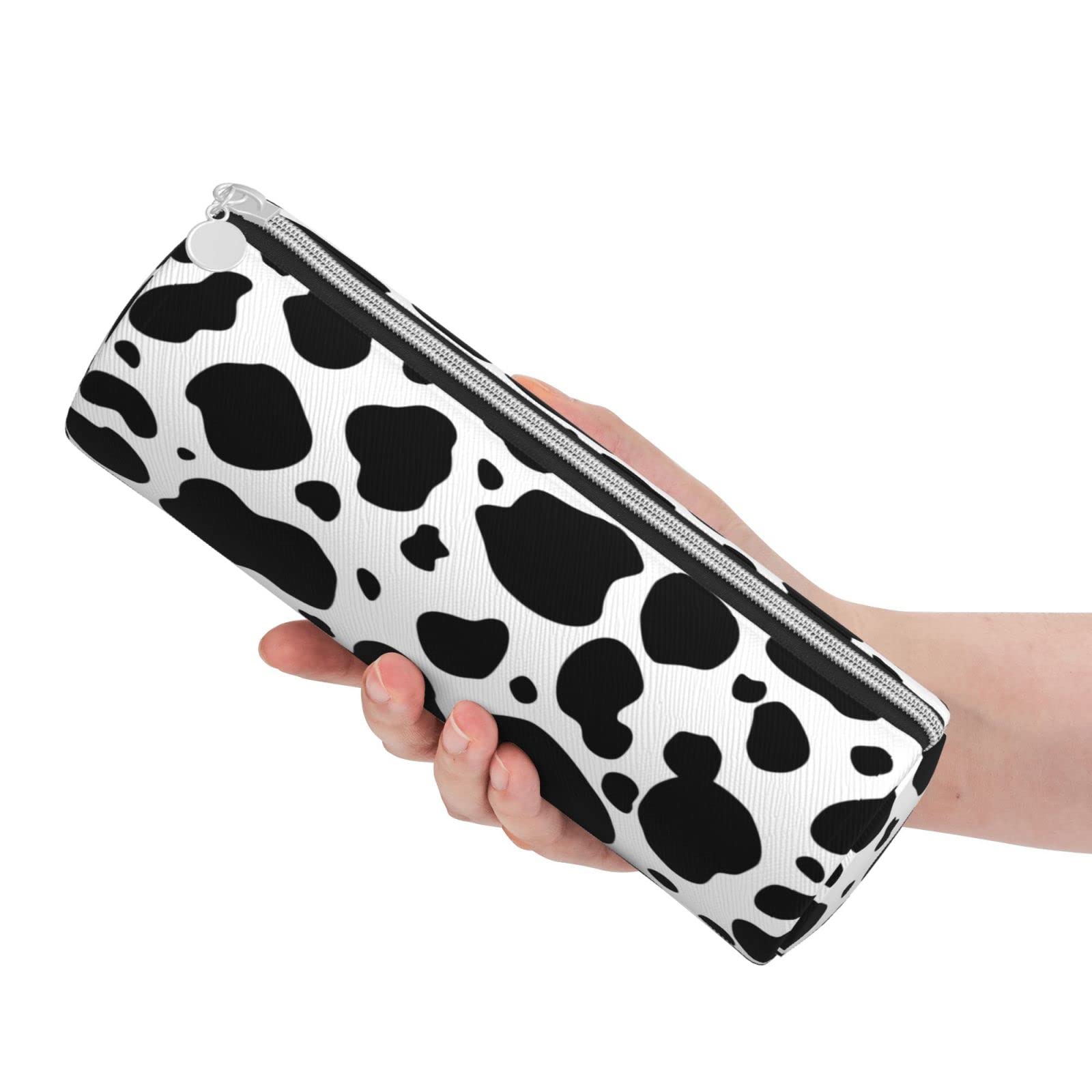 Genuine Cowhide Leather Pencil Case with Milk Print - Zippered Pen Organizer, Makeup Pouch & Stationery Bag for School, Office & Travel - Perfect for Students, Professionals & Daily Essentials Storage