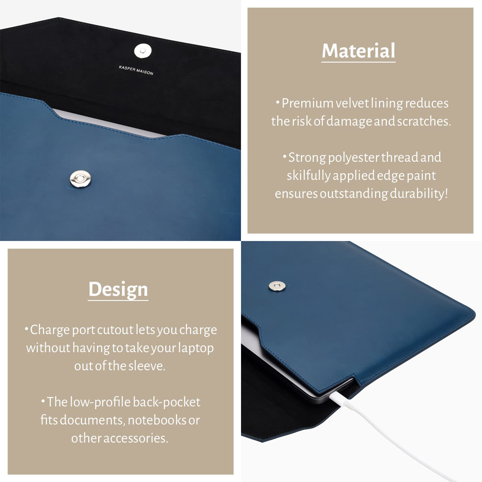 Premium 14 Inch Genuine Leather Laptop Sleeve Case for MacBook Air M3/M2 (2023-2024) & MacBook Pro M4/M3/M2/M1 (2021-2024) | HP Envy x360 Protective Cover | Durable & Stylish Blue Leather Sleeve | Perfect for Work, Travel & School