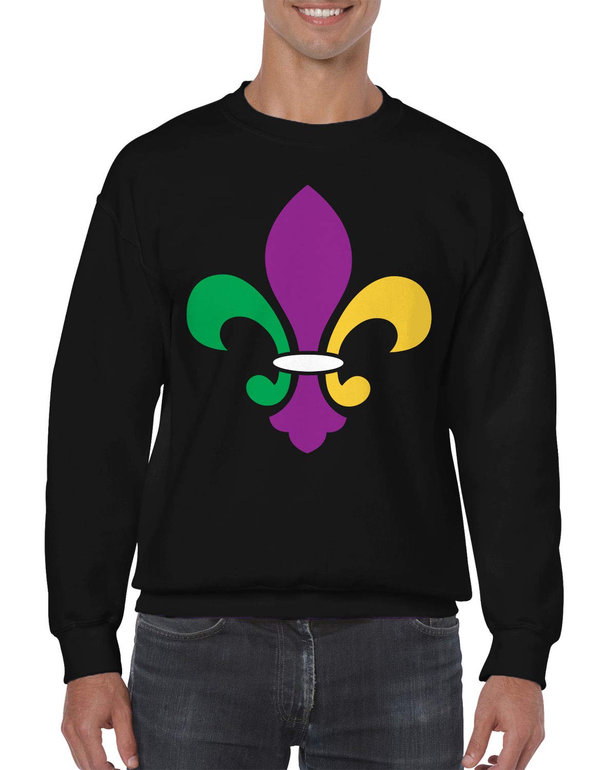 SpiritForged Apparel Mardi Gras Fleur De Lis Crewneck Sweater | Unisex Cotton Pullover for Festivals & Holidays | Perfect for Mardi Gras, Halloween, and Christmas Celebrations